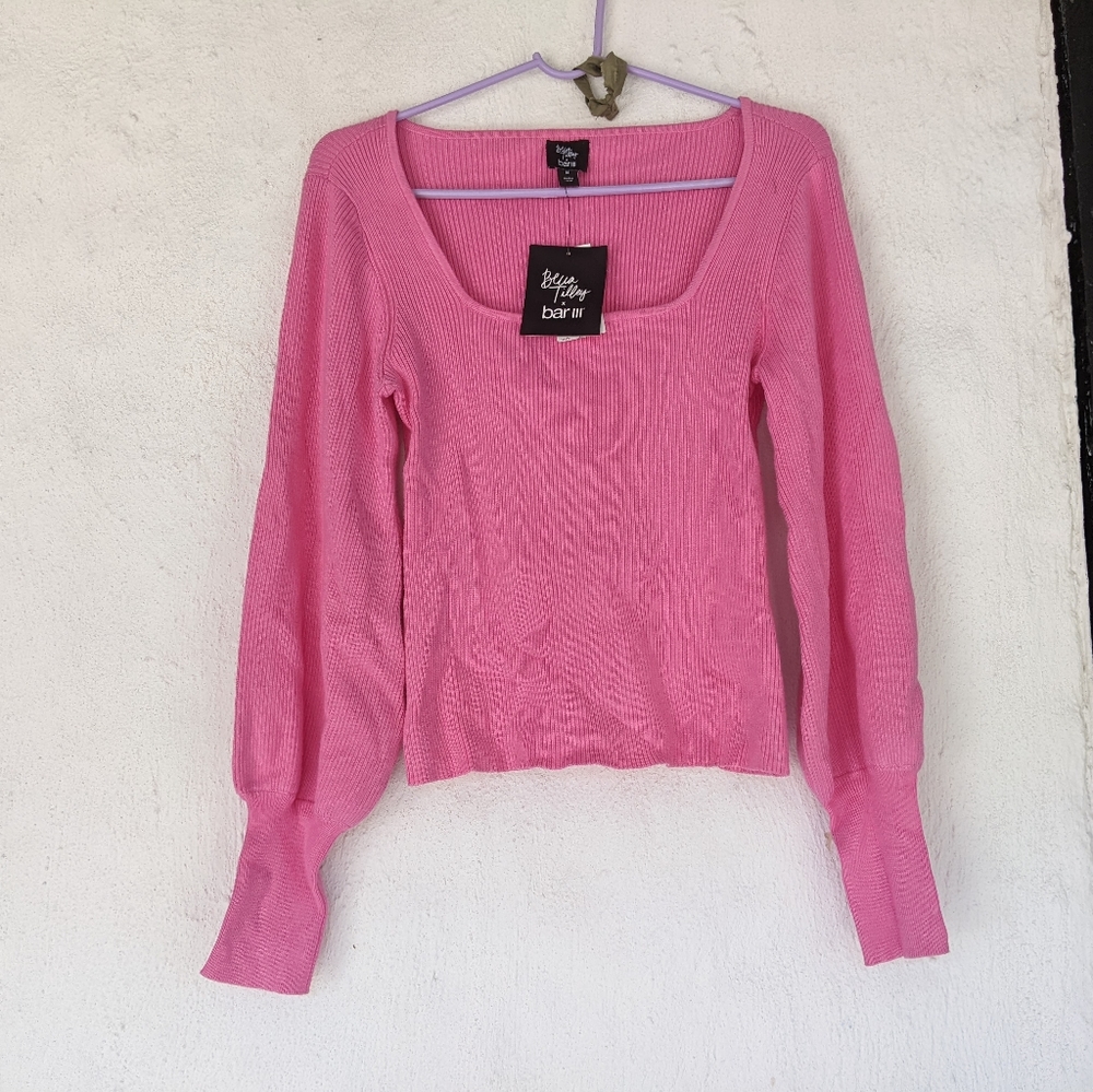 Becca Tilly x bar III pink long sleeve sweater with square neckline